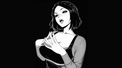 Stunning Anime Vampire Girl with Glowing Eyes Black and White PC Wallpaper