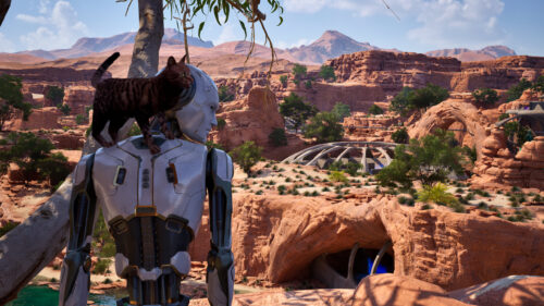 Futuristic Android and Cat in Desert Oasis 4K PC Wallpaper