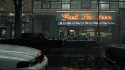 Rainy City Street with Neon Grill Fourteen Diner PC Wallpaper