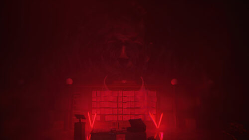 Eerie Red Horror Information Desk with Ghostly Figure PC Wallpaper