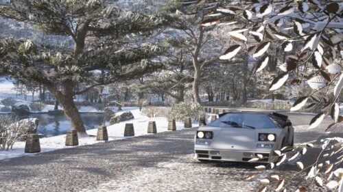 White Lamborghini Countach in Snowy Winter Forest PC Wallpaper