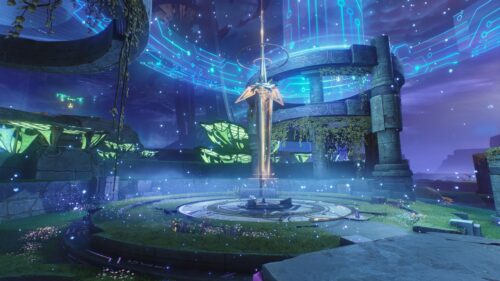 Futuristic Ancient Temple with Glowing Digital Energy Particles PC Wallpaper