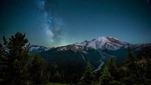 Stunning Milky Way Galaxy Over Mount Rainier Night Sky 4K Wallpaper