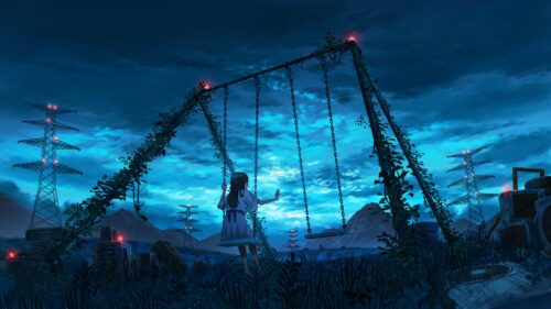 Anime Girl on Overgrown Swing at Night Desktop Wallpaper