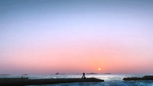 Anime Girl and Cat Watching a Serene Sunset over the Ocean PC Wallpaper
