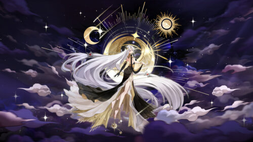 Celestial Goddess with Long Silver Hair and Golden Sun Moon Aura 4K Wallpaper
