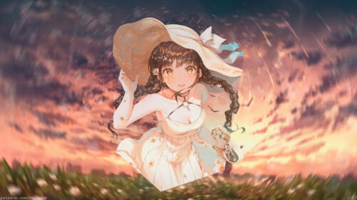 Beautiful Anime Girl with Braids and Summer Hat at Sunset Desktop Wallpaper