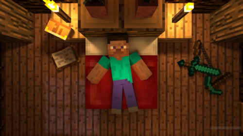 Steve Resting in Minecraft Bedroom Top View 4K Wallpaper