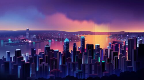 Stunning Cyberpunk Cityscape at Sunset 4K Desktop Wallpaper