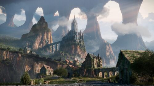Fantasy Kingdom Castle Amidst Giant Mountains Desktop Wallpaper