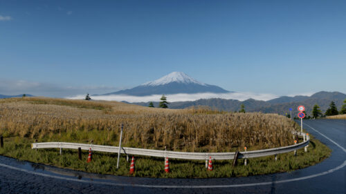 Breathtaking Mount Fuji View from a Rural Japanese Road Desktop Wallpaper