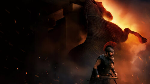 Epic Trojan War Warrior with Trojan Horse Cinematic 4K Wallpaper