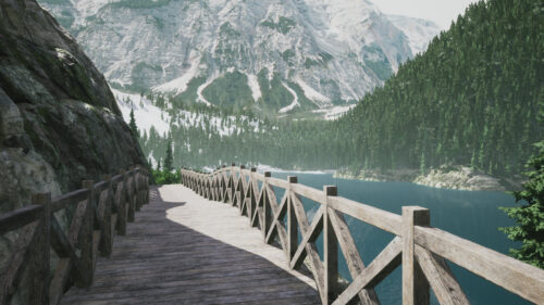Serene Wooden Boardwalk Over Mountain Lake Alpine Landscape PC Wallpaper