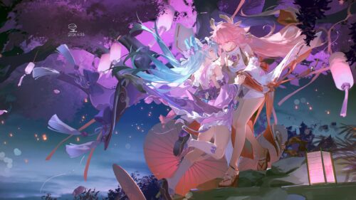 Genshin Impact Yae Miko and Sangonomiya Kokomi Night Festival 4K Wallpaper