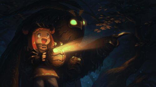 Anime Girl and Mystical Forest Creature Glowing Lantern 4K Wallpaper