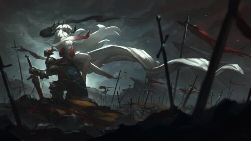 Dark Fantasy Knight and White Haired Queen on Battlefield 4K Wallpaper