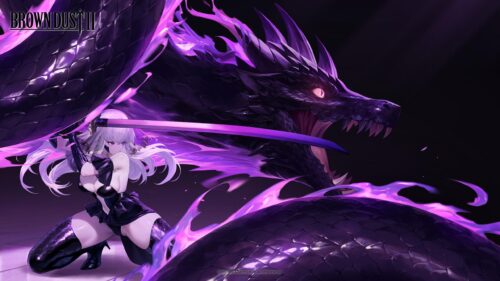 Brown Dust 2 Anime Girl with Purple Dragon Sword Fighting PC Wallpaper