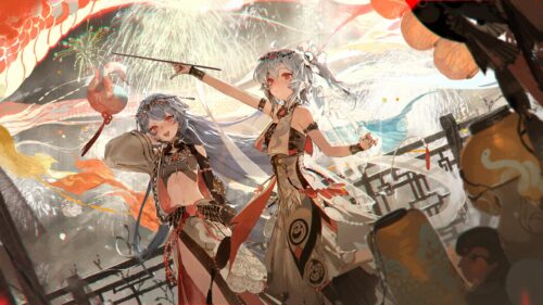 Anime Girls Celebrating with Fireworks Festive PC Wallpaper