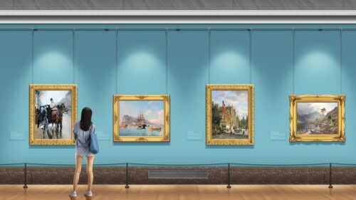 Woman Viewing Fine Art Paintings in a Modern Gallery Desktop Wallpaper