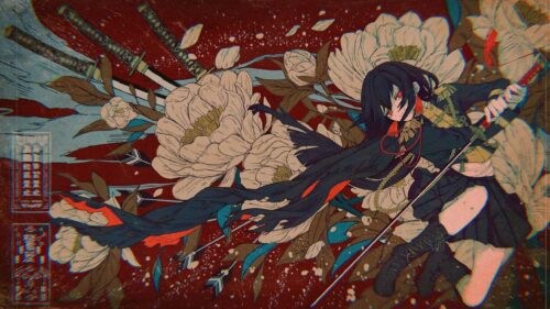 Anime Girl Samurai with Katana and Vintage Floral Art 4K PC Wallpaper