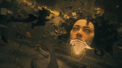 Surreal Cinematic Sci-Fi City Destruction with Floating Character 4K Wallpaper
