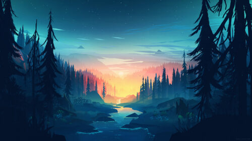 Minimalist Forest Landscape at Sunset Desktop Wallpaper