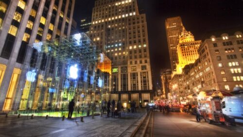 New York City Night Apple Store Fifth Avenue 4K Wallpaper