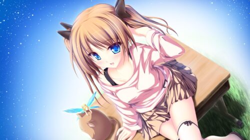 Anime Girl with Blue Eyes and Fairy Sitting on Desk PC Wallpaper