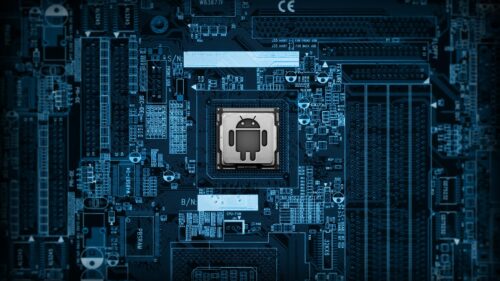 Android Logo on Futuristic Blue Circuit Board Tech 4K Wallpaper