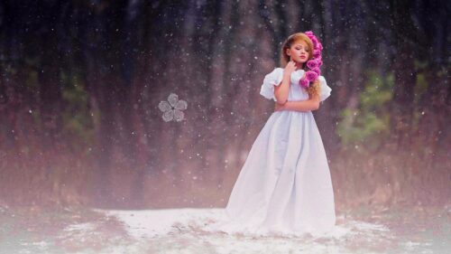 Dreamy Girl in White Dress with Rose Flowers Winter Forest PC Wallpaper