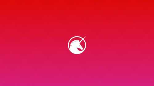 Minimalist White Unicorn Logo on Vibrant Red and Pink Gradient Desktop Wallpaper
