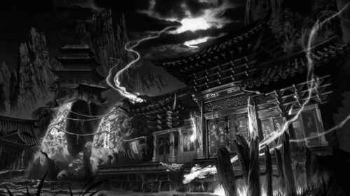 Mystical Japanese Temple Under Moonlight Black and White PC Wallpaper