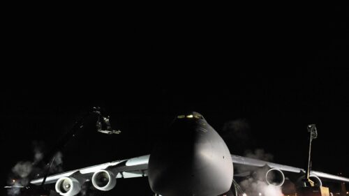 C-5 Galaxy Heavy Cargo Plane Night Operations PC Wallpaper