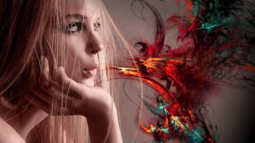 Stunning Blonde Woman with Abstract Fractal Fire Art PC Wallpaper