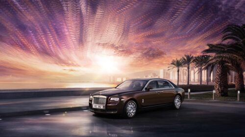 Brown Rolls Royce Ghost at Sunset Beachfront Luxury PC Wallpaper