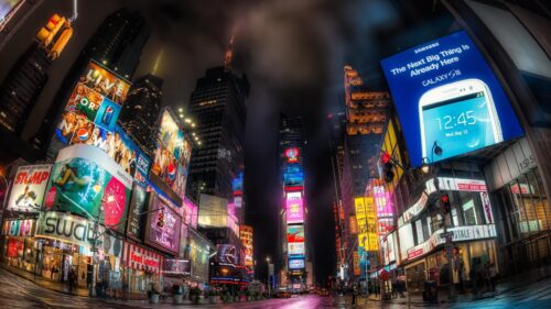 Breathtaking Times Square Night Cityscape Fisheye View 4K Wallpaper