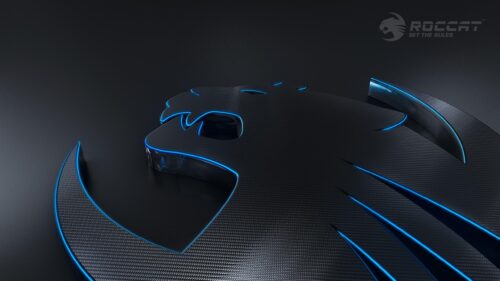 Roccat Gaming Logo Carbon Fiber Texture with Glowing Blue Neon Outline PC Wallpaper