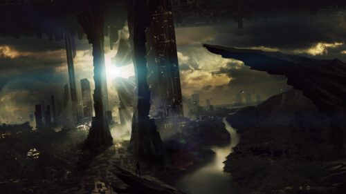 Inception Inspired Sci-Fi Cityscape with Floating Mountains 4K Wallpaper