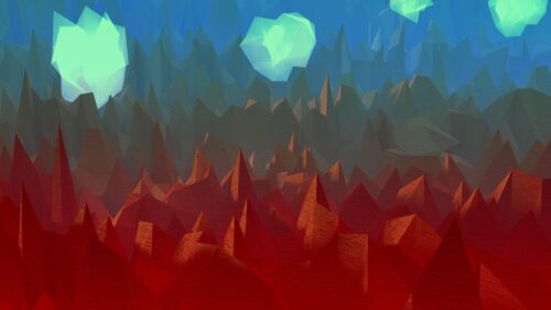 Abstract Low Poly Mountain Landscape with Glowing Orbs PC Wallpaper