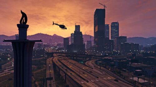 GTA V Los Santos Sunset Cityscape with Helicopter PC Wallpaper