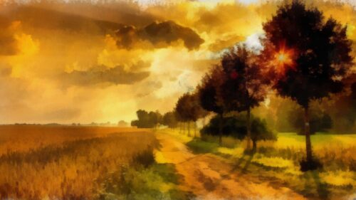 Golden Hour Countryside Oil Painting Landscape 4K PC Wallpaper