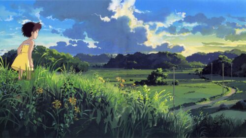 Anime Girl Standing in a Lush Green Countryside Meadow PC Wallpaper