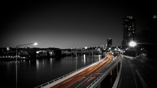 Stunning Black and White Night Cityscape with Traffic Light Trails PC Wallpaper