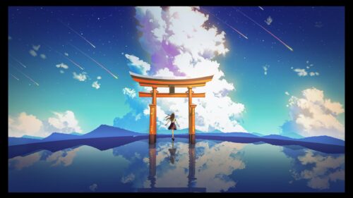 Anime Girl Standing Under Torii Gate with Starry Sky PC Wallpaper