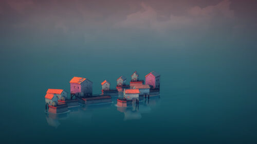 Minimalist Floating Town Above Calm Water 4K Desktop Wallpaper