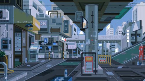 Aesthetic Pixel Art City Street 4K Desktop Wallpaper