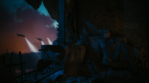 Cyberpunk Dystopian City Survivor Sitting in Ruined Building PC Wallpaper