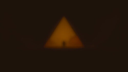 Minimalist Silhouette Standing Before Glowing Golden Pyramid PC Wallpaper