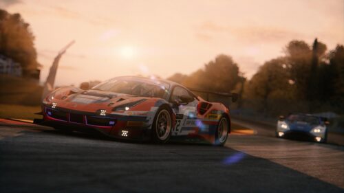 Ferrari 488 GT3 Racing Car at Sunset Track Desktop Wallpaper