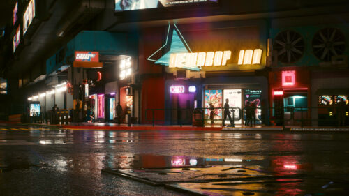 Cyberpunk Dewdrop Inn Night City Street Scene 4K PC Wallpaper